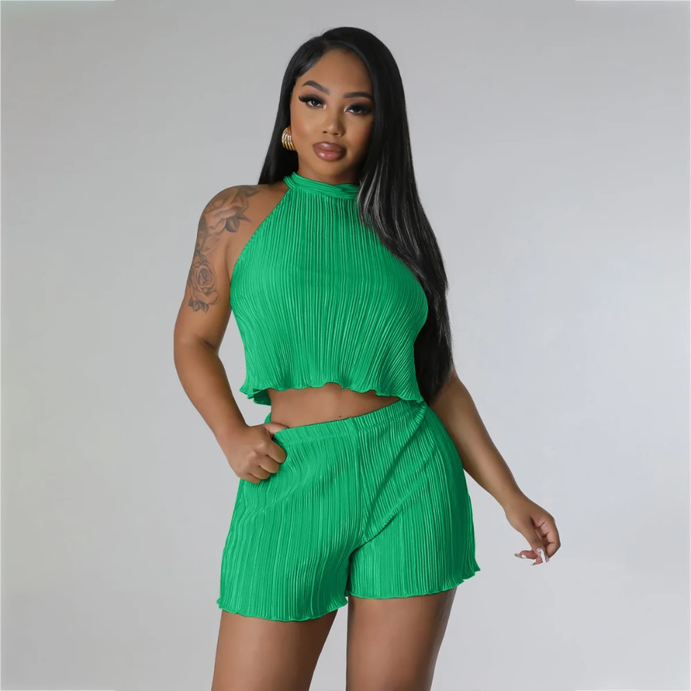 Summer Pleated Two Piece Set: Sleeveless Crop Top + Shorts Streetwear Outfit